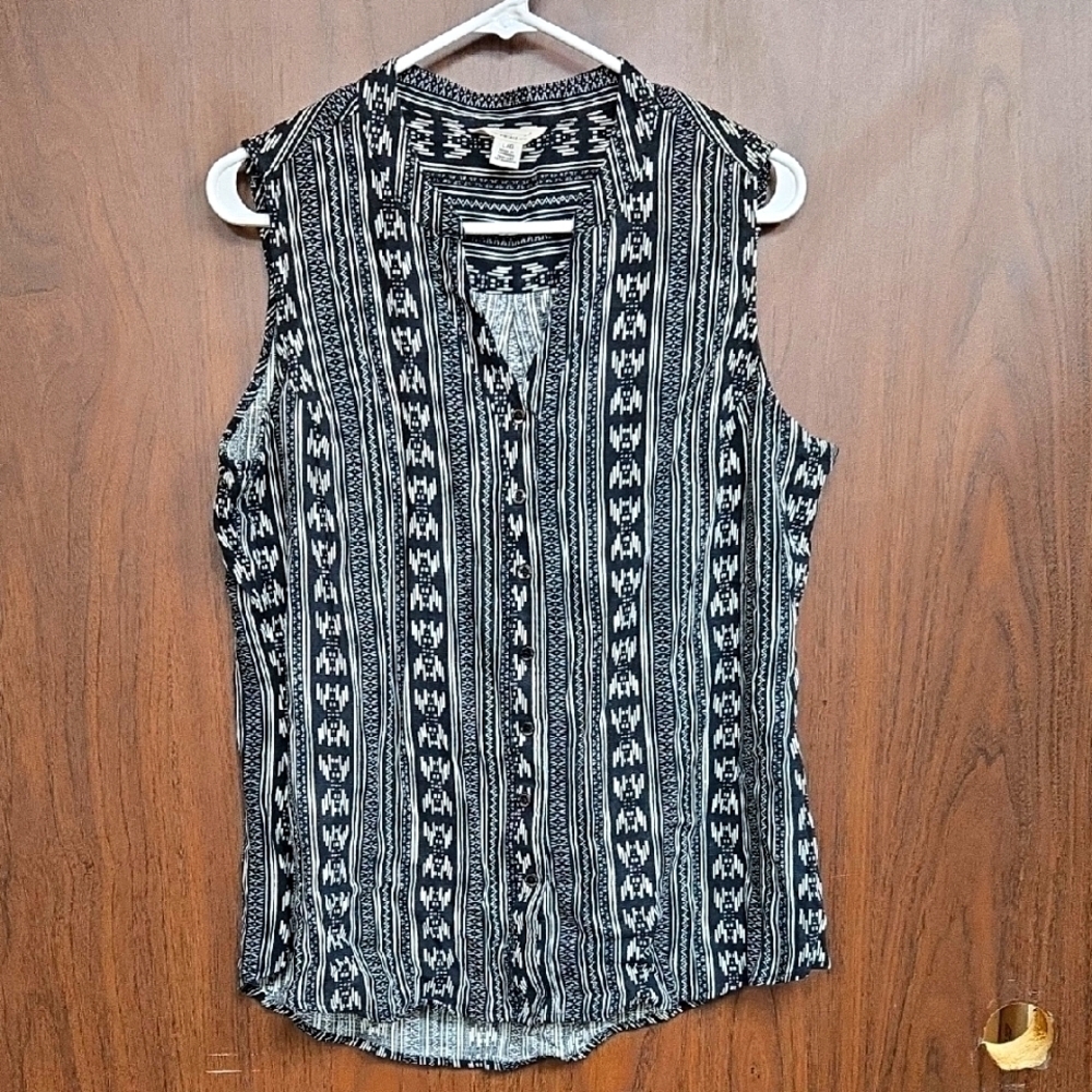 Weatherproof Vintage Size S Black White Linen Blend Button Down Sleevele…